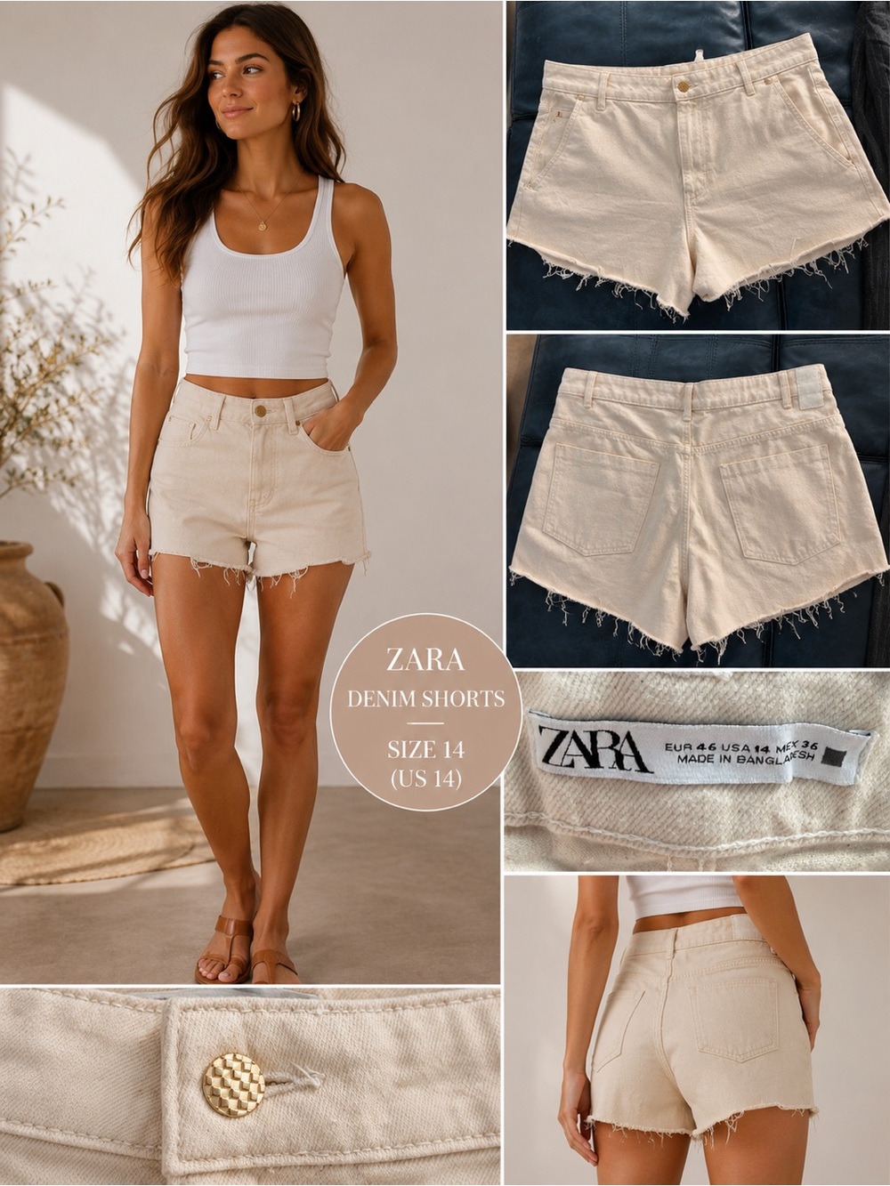 Zara Cream Frayed Hem Denim Shorts